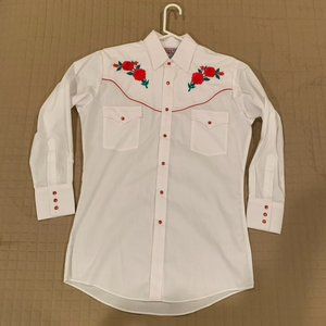 Western Embroidered Shirt, white with red embroidery and red snaps
